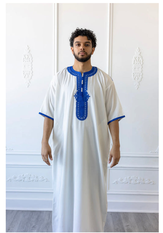 Moroccan Thobe White and Royal Blue